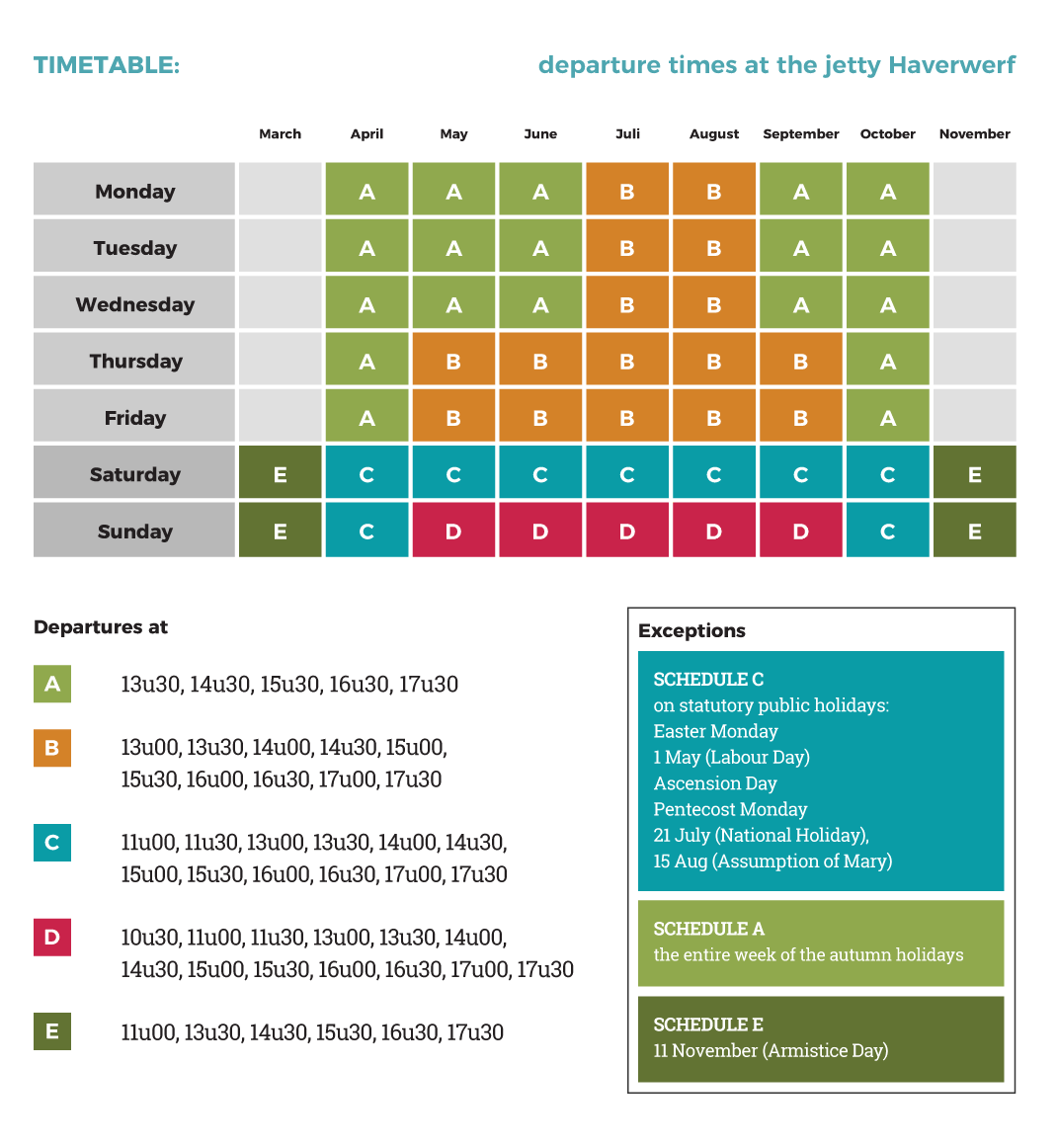 Departure times of the regular boat tour in Mechelen